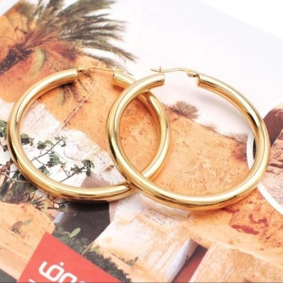 NEW 18K Yellow Gold Round 1.2” Tube Hoop Earrings - Picture 2 of 6